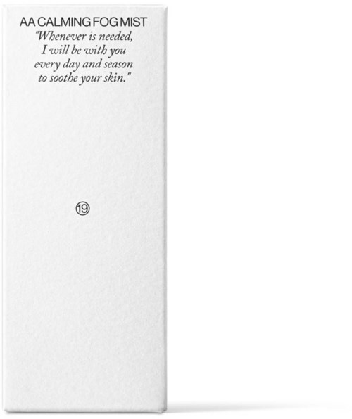 A white box labeled 'AA Calming Fog Mist' with a calming quote and a small number 19.