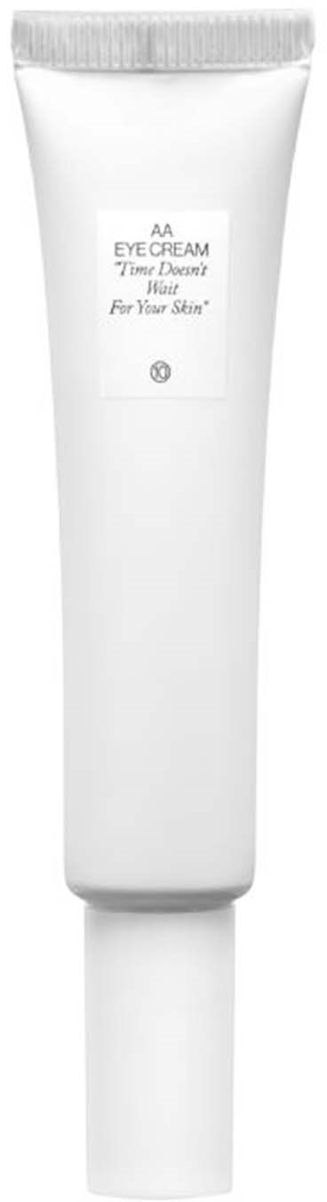 Vit tub med etikett för ögonkräm, designad för synlig hudvård. Den har ett lock längst ner.