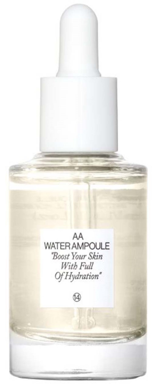 Een doorzichtige glazen fles met een witte pipethouder, gemarkeerd 'AA Water Ampoule' voor hydratatie van de huid.