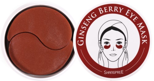 Produkt er en ginsengbærøyemask med en illustrasjon av en kvinne som bruker masken.