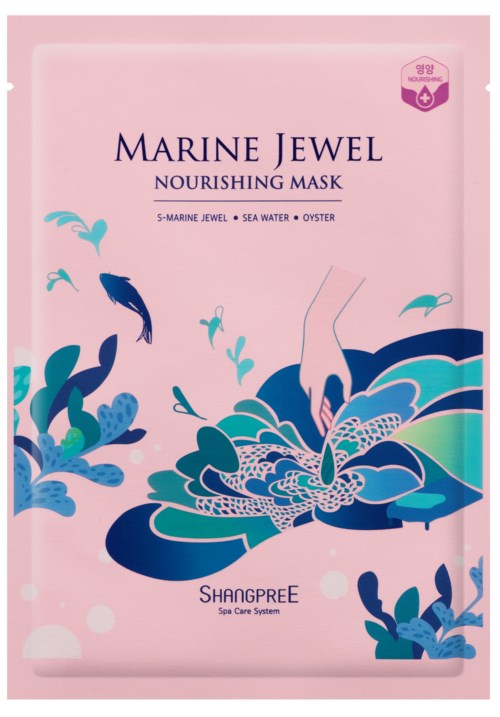 Różowa saszetka z niebieskimi i zielonymi ilustracjami wody i ostryg, opisane Marine Jewel Nourishing Mask.