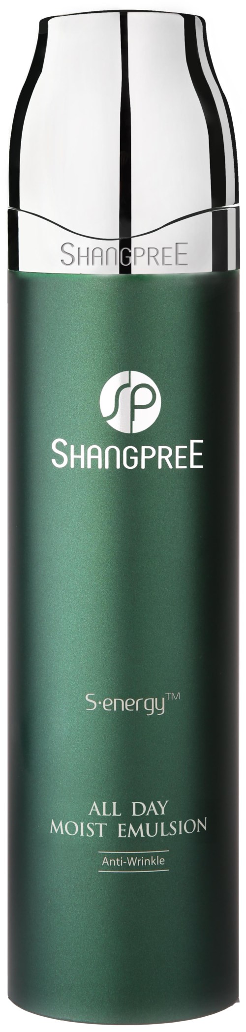 En grön flaska med silverlock, märkt Shangpree S.Energy All Day Moist Emulsion, för hudvård.