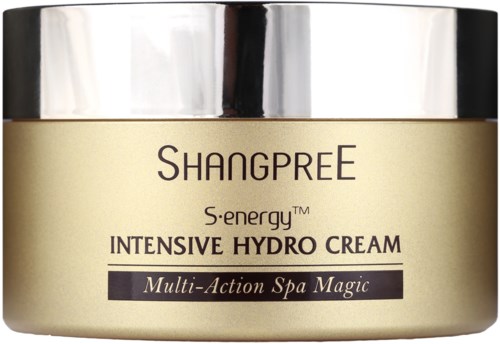 A jar labeled Shangpree Intensive Hydro Cream with a silver lid, described as a multi-action spa magic product.
