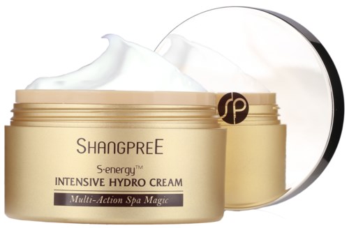 A jar of Shangpree Intensive Hydro Cream with a mirror, showing the cream's smooth texture and golden container.