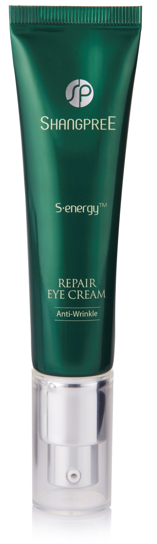 A green tube labeled 'SHANGREE S-energy Repair Eye Cream Anti-Wrinkle' with a silver cap for eye skincare.