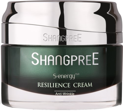 A glass jar with a silver lid contains Shangpree S.energy Resilience Cream against wrinkles.