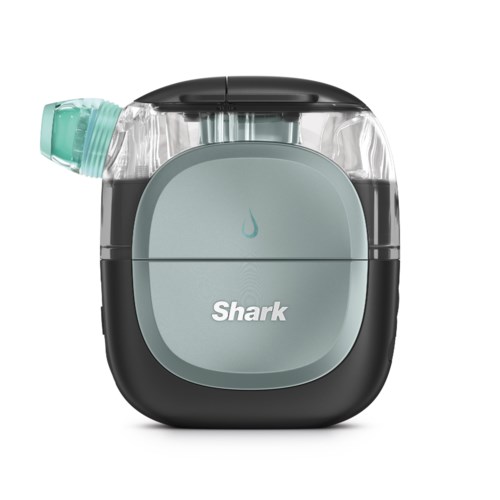 Een klein, draagbaar inhalatorapparaat met een doorzichtige mondstukken, grijs lichaam en het woord Shark.