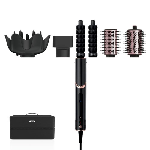Een haarstylingtool met verschillende opzetstukken, een opbergdoos en verwisselbare koppen.