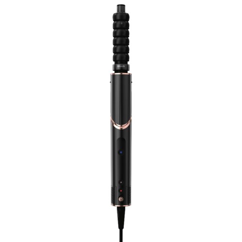 Een zwarte krultang met klep, handvat en aan/uit-knop voor haarstyling.