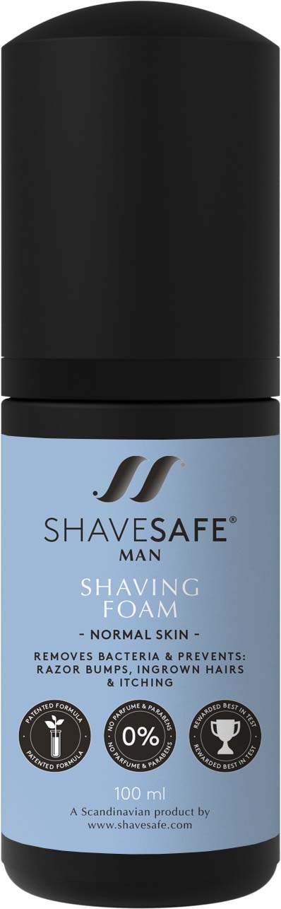 En flaska Shavesafe Man rakskum för normal hud, stoppar bakterier, förhindrar rakincidenter och luktfri.
