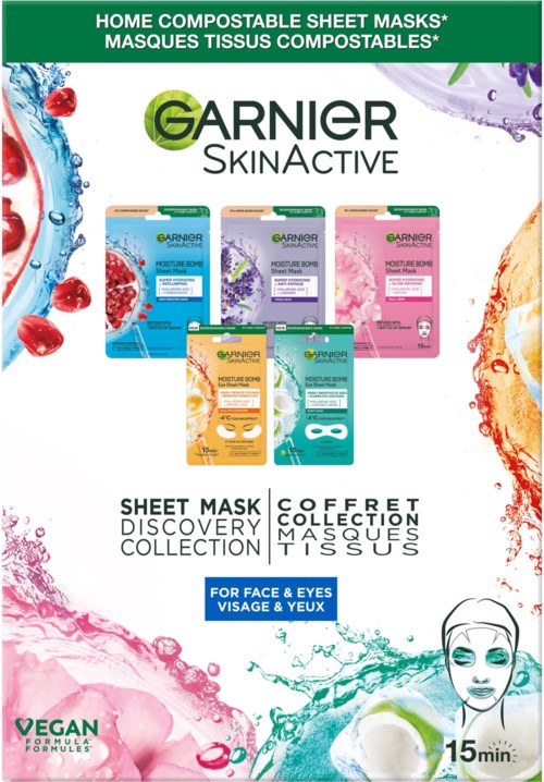 Bunt verpackt zeigt Garnier Gesichtsmasken für Gesicht und Augen mit lebendigen Farben und Person mit Maske.