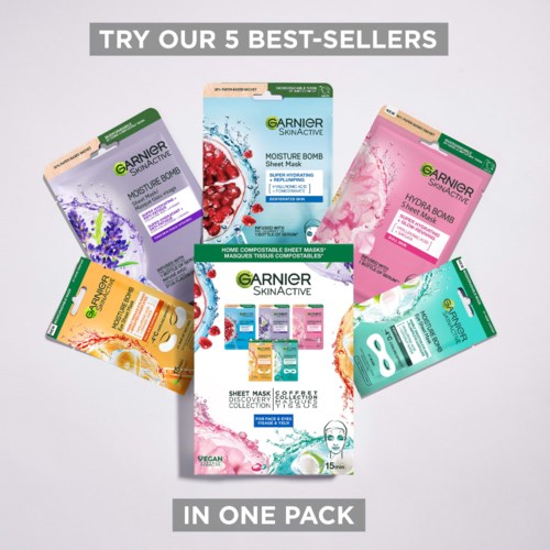 Fünf Gesichtsmasken-Packungen von Garnier's SkinActive mit verschiedenen Aromen und Inhaltsstoffen.