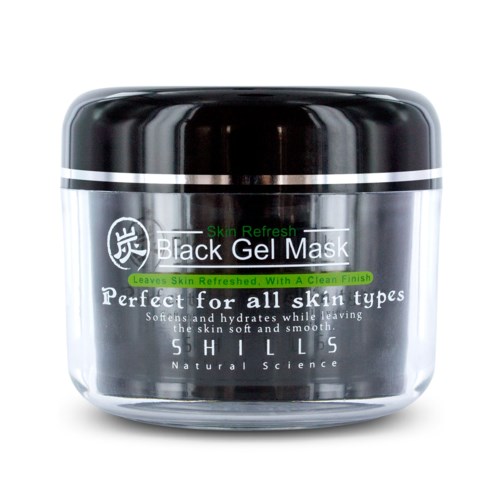 A black gel mask container with white and green text, promoting skincare benefits for all skin types.