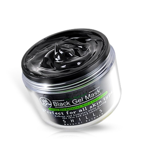 A jar of black gel mask for skin care, with a black, shiny gel inside and green and black label.