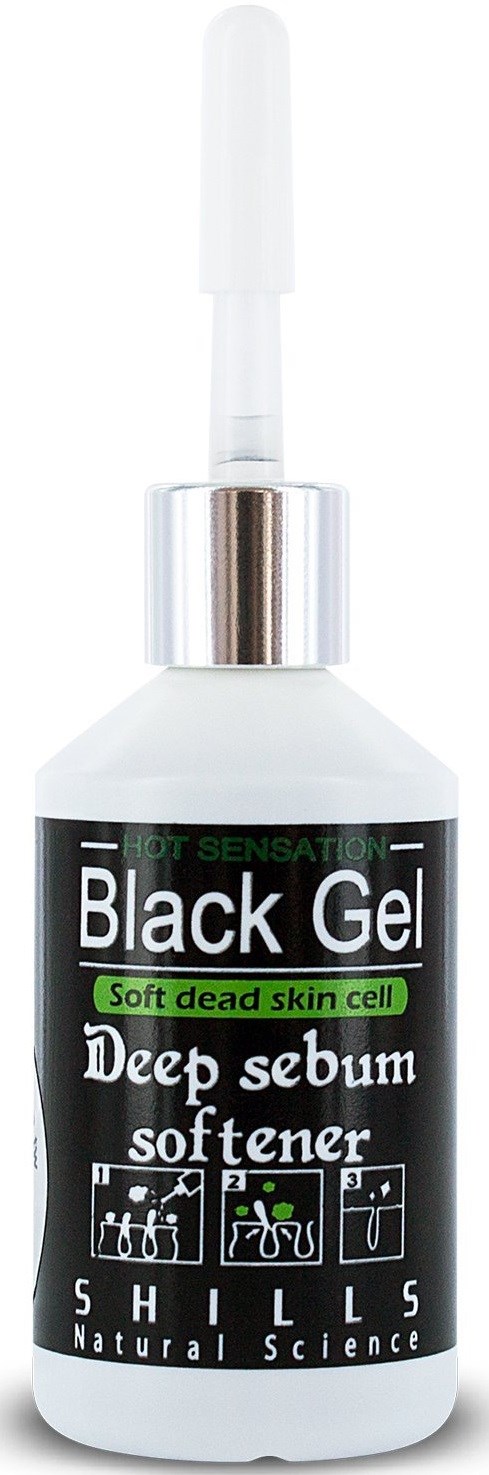 En hvit flaske med pipettlokk merket 'Black Gel Deep sebum softener' for hudpleie, med ikoner som viser påføringsprosedyrer.