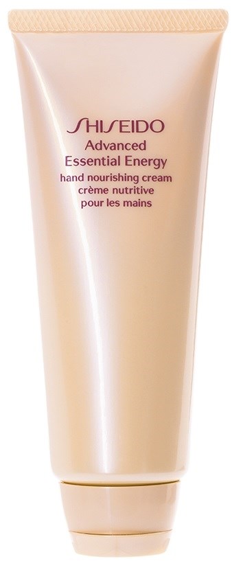 En beige tub för Shiseido Advanced Essential Energy handkräm med rosa text, står upprätt.