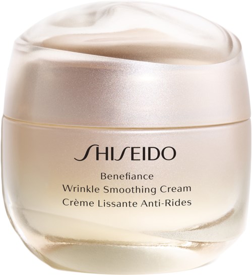 Shiseido Benefiance Wrinkle Smoothing Cream jar with cream visible on top.