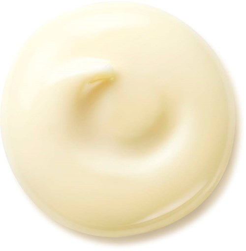 A swirl of white cream or sauce on a plate with a smooth, glossy surface.
