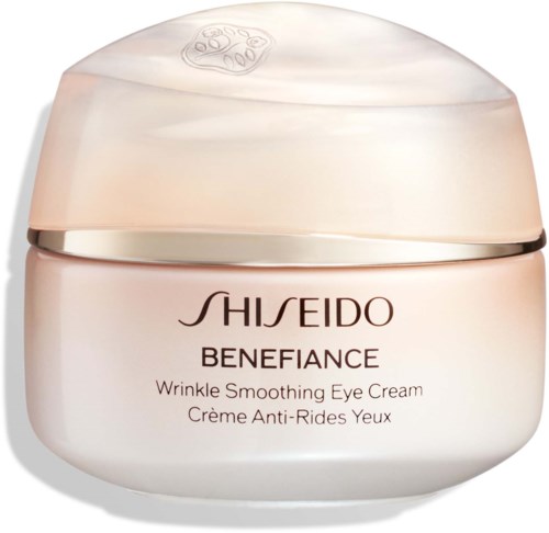 En rosa krukke med Shiseido Benefiance Wrinkle Smoothing Eye Cream med rund topp og blank finish.