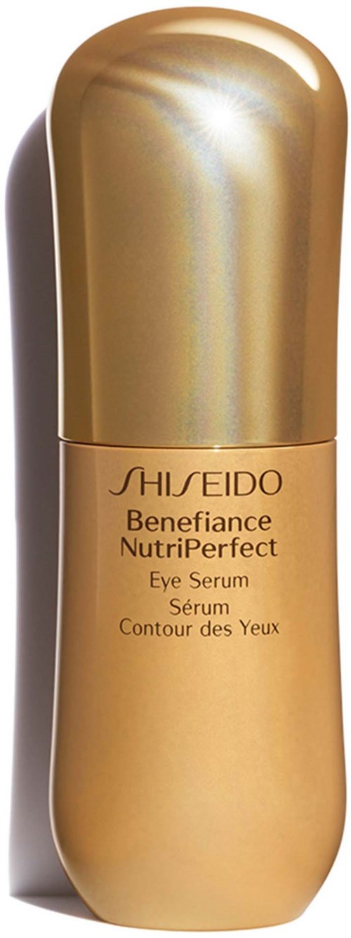 En gullfarget flaske med Shiseido Benefiance NutriPerfect Eye Serum. Enkel design, med merke og produktnavn.