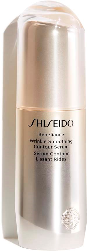 En silverfärgad cylinderformad flaska med rundad topp, märkt 'Shiseido Benefiance Wrinkle Smoothing Contour Serum.'