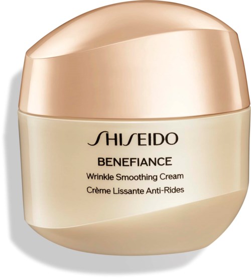 A jar of Shiseido Benefiance Wrinkle Smoothing Cream with a gold-colored lid and light-colored container.