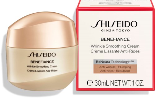 A jar and box of Shiseido Benefiance Wrinkle Smoothing Cream with ReNeura Technology+ for anti-wrinkle and firming.