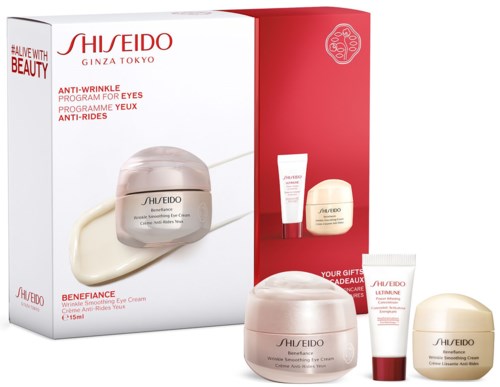 Shiseido benefitance Augencreme und Hautpflegeprodukte in einer Geschenkbox mit rotem und weißem Design.