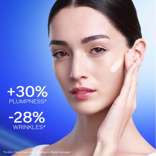 A woman applies cream on her cheek, with text showing skin improvements: +30% plumpness, -28% wrinkles.