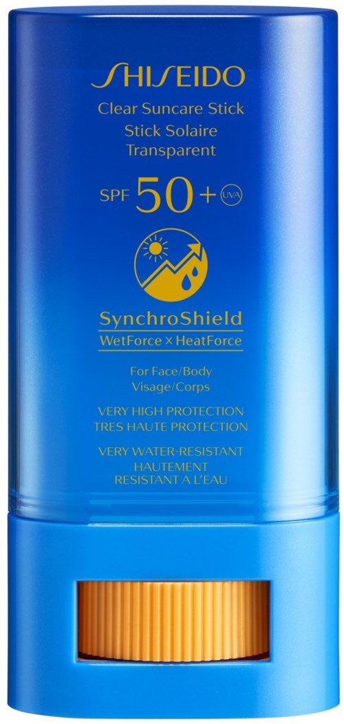 Blue bottle of Shiseido sunscreen with SPF 50+ and yellow pump, labeled 'SynchroShield WetForce & HeatForce.'