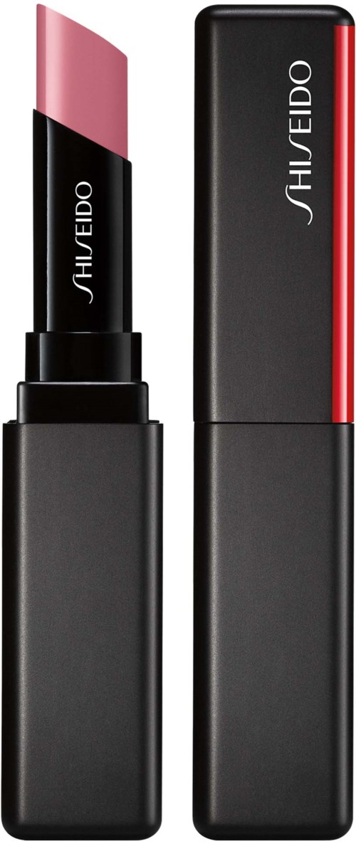 En svart läppstiftstift med en rosa läppstift. Varumärket Shiseido är synligt.