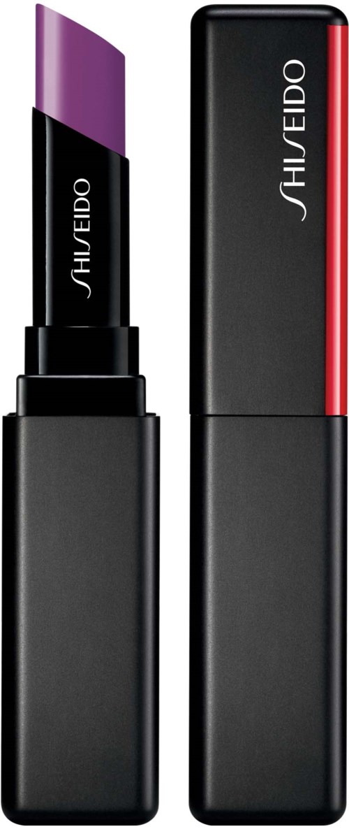 A lipstick with purple color, black and gray casing, and a separate rectangular box or packaging.