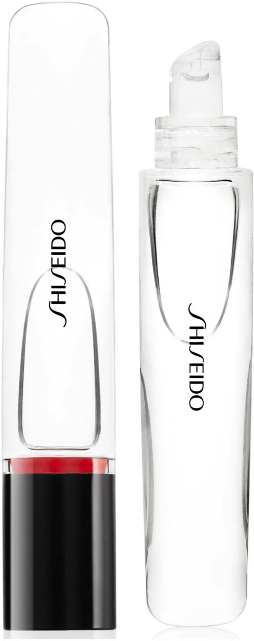 En tydlig läppstiftstubbe med svart och röd bas, och en glasserumflaska med pump. Båda har Shiseido-logotyper.