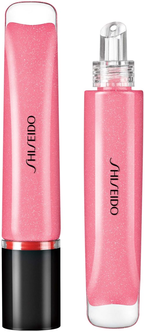 Två rosa läppglansrör med glänsande, glittriga ytor och svarta och klara lock.