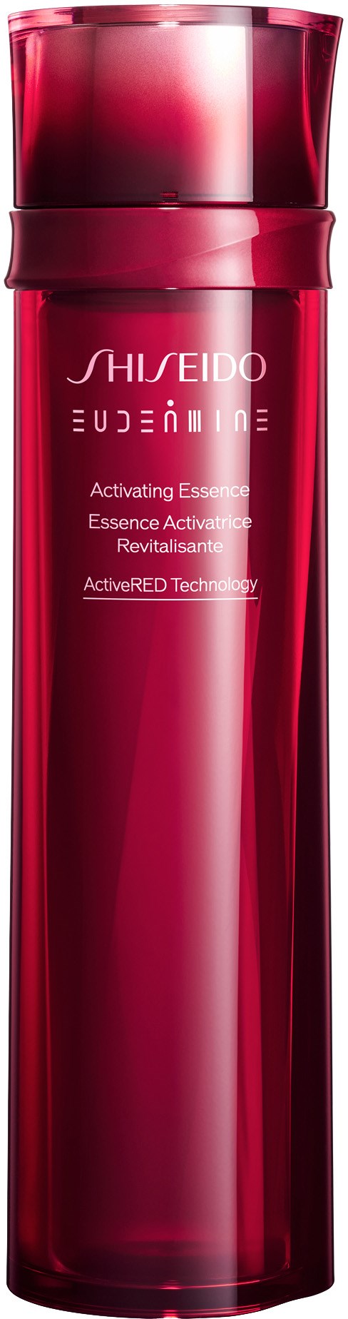 Eine lange, glänzende rote Flasche mit Deckel, mit dem Label Shiseido und Hautpflegeeigenschaften.