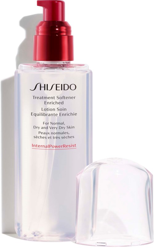 Eine klare Flasche mit Shiseido-Behandlung, roter Pumpe und Deckel. Das Etikett enthält Produktinformationen.
