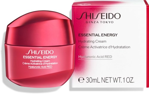 A pink jar of hydrating cream next to a matching pink box, both labeled with brand and product details.