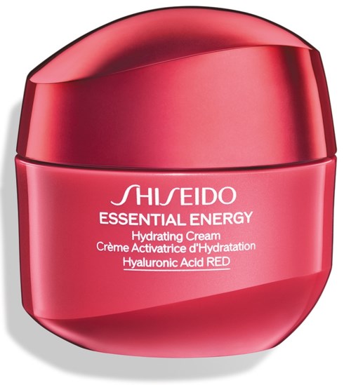 En rund rød beholder med en blank lokk. Det er en fuktighetsgivende krem fra Shiseido kalt Essential Energy.