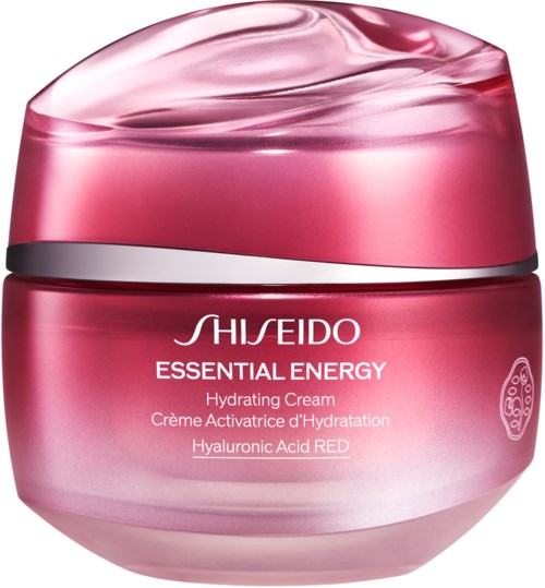 Pink krukke med Shiseido Essential Energy Hydrating Cream med en skinnende låg, indeholder hyaluronsyre.