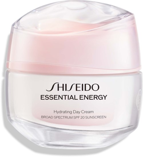 En burk med Shiseido Essential Energy Hydrating Day Cream med SPF 20. Burken är främst vit med ett mjukt rosa lock.