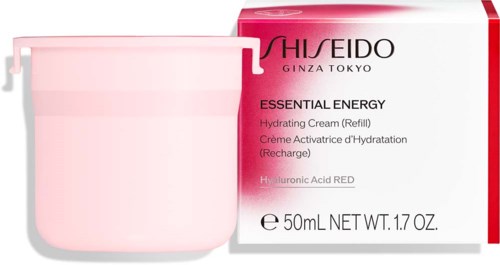 En lyserød beholder med en æske, mærket Shiseido Essential Energy Hydrating Cream, med rød og hvid emballage.