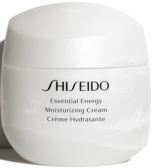 Hvid krukke med Shiseido Essential Energy Moisturizing Cream med sort tekst.