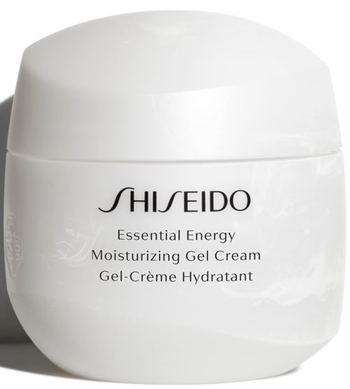 En vit burk med svart text visar Shiseido Essential Energy Moisturizing Gel Cream. Lockets är runt.