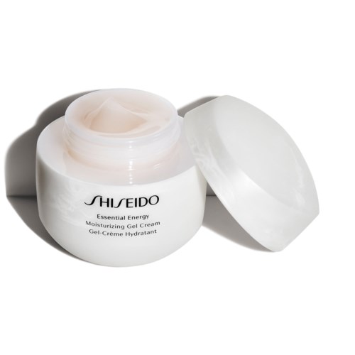 Vit burk med Shiseido återfuktningskräm, med locket öppet och krämen synlig.