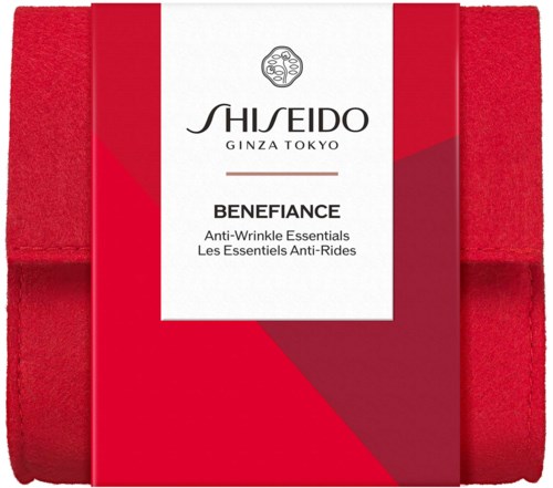 Shiseido huidverzorging in een rood doosje, genaamd "Benefitance" voor rimpel- en ridsherstellende voordelen.