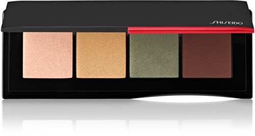 Eine Make-up-Palette mit vier verschiedenen Lidschatten in einer schwarzen Verpackung mit rotem Akzent.