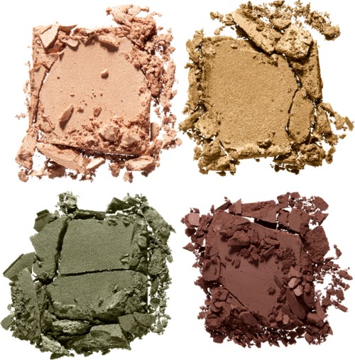 Vier zerstoßene Lidschatten in verschiedenen Farben: pink, beige, grün und dunkelrot.