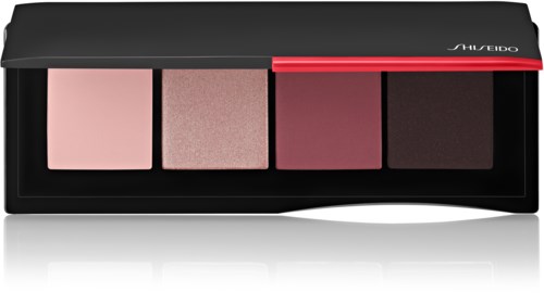 Eine Make-up-Palette mit vier verschiedenen Rosa- und Braunnuancen in einer schwarzen Dose.