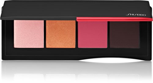 Eine Make-up-Palette mit vier Farben: Rosa, Orange, Rot und Dunkelbraun oder Schwarz, in einem schwarzen Gehäuse.