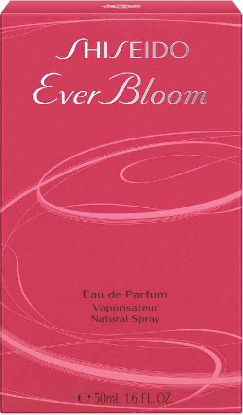  Rosa parfymförpackning med vit och rosa text, kallad Ever Bloom av Shiseido. Den säger Eau de Parfum, 50 ml.